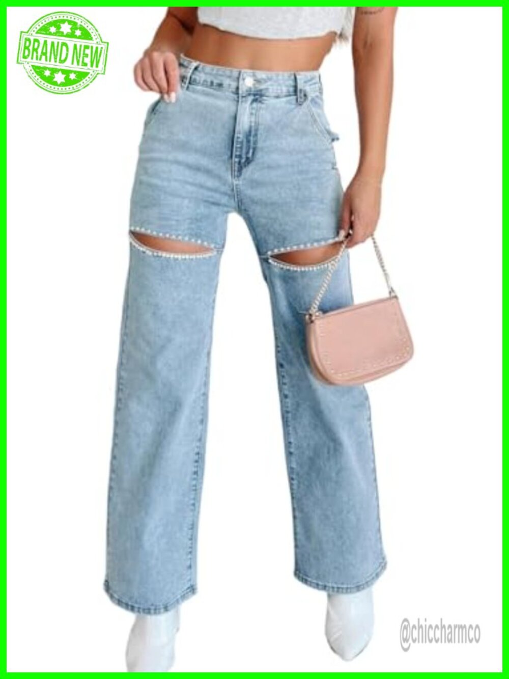 High Waist Wide Leg Straight Denim Jeans Pearl Rhinestone Trim Cutout Plus Size